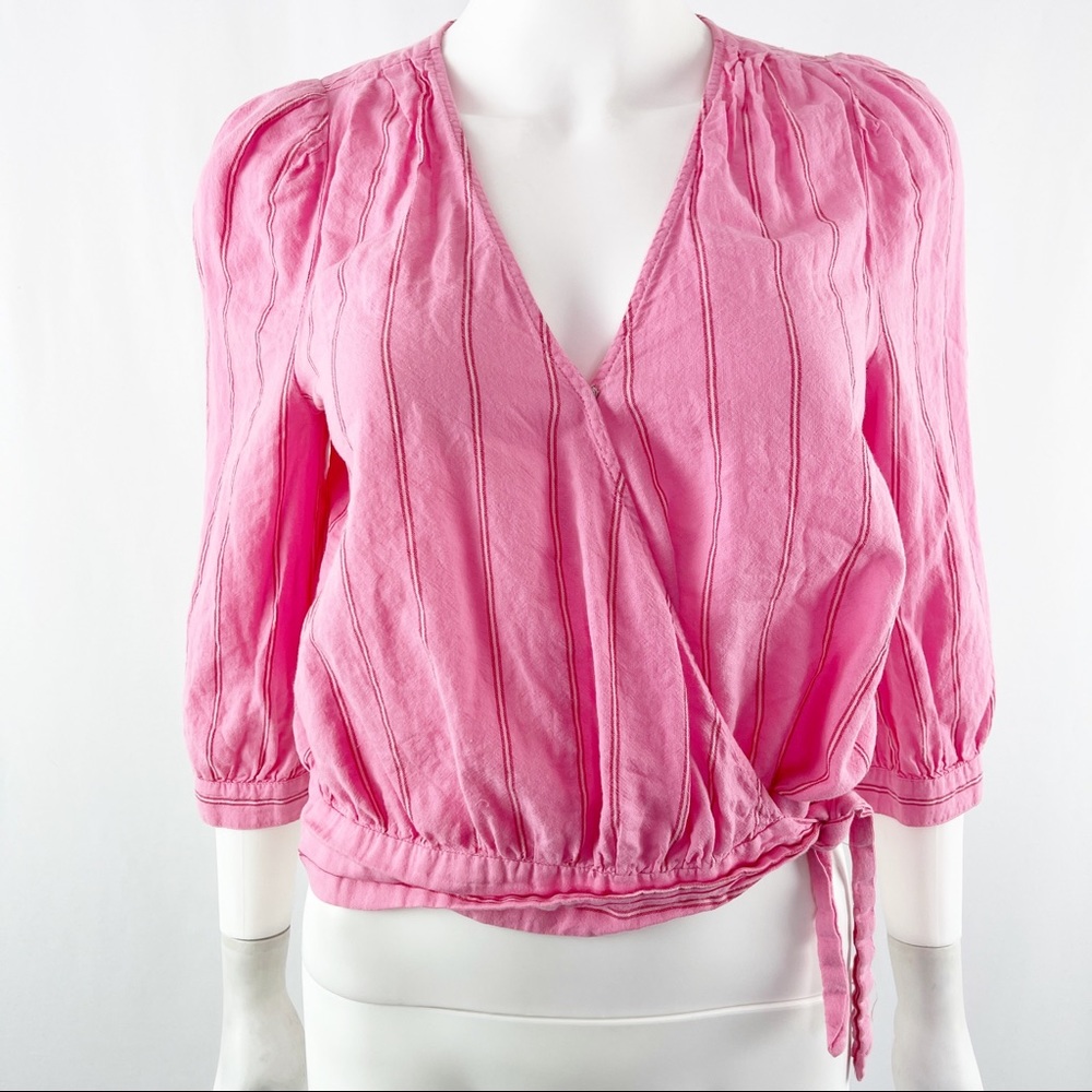 Madewell Pink Striped 3/4 Sleeve V-Neck Surplice Shirt Top Size XS